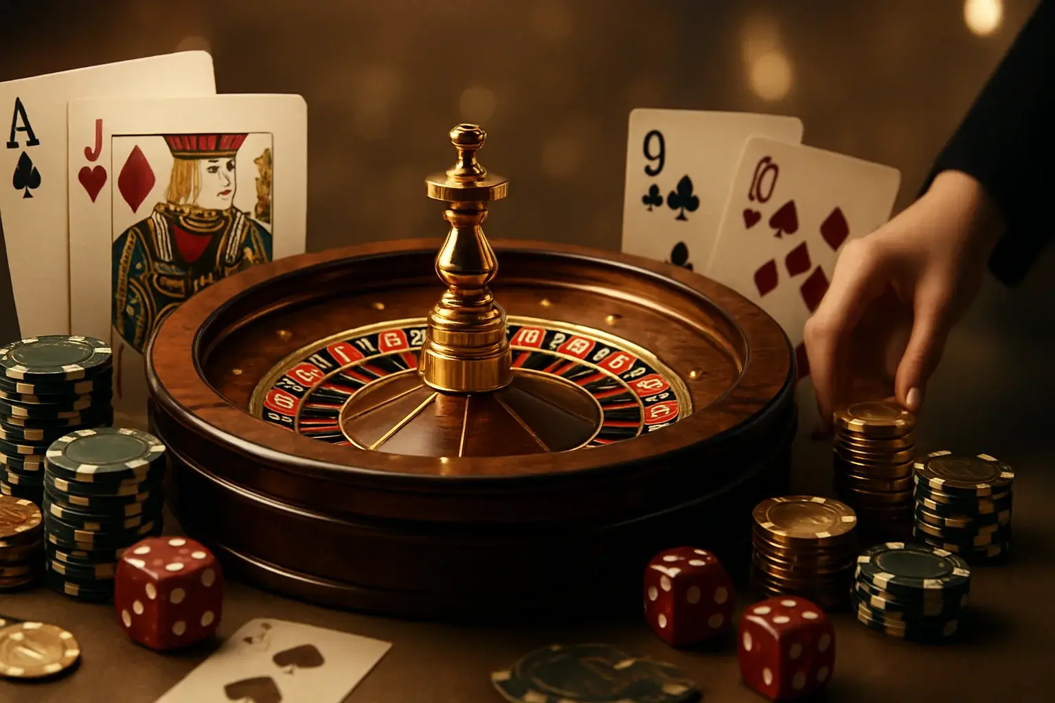 Hyper-realistic luxury casino collage with roulette wheel, cards, chips, and dice in cinematic lighting
