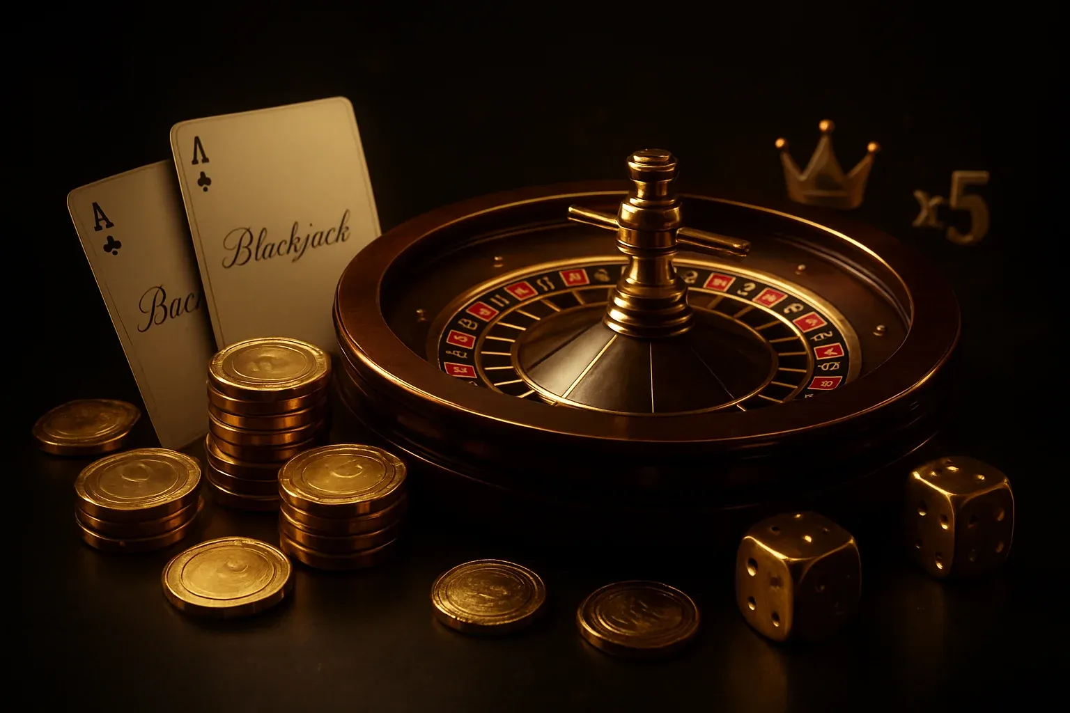 Hyper-realistic luxury gold casino games collage with roulette, cards, chips, and coins