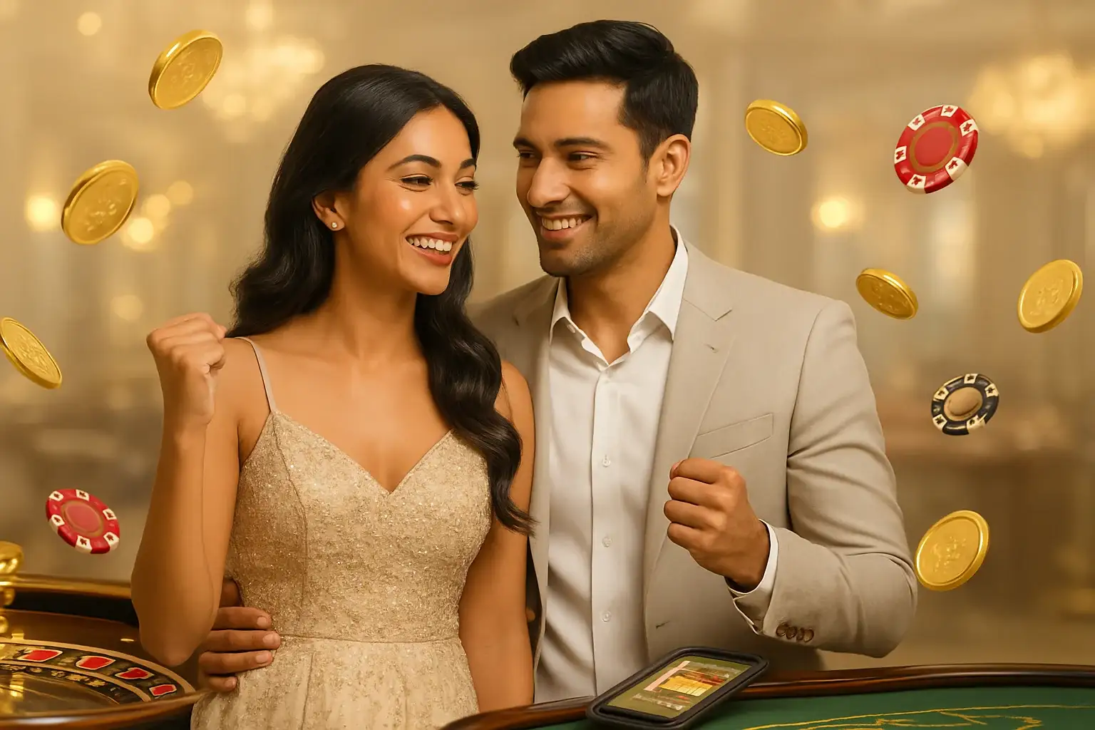 Happy Bangladeshi couple celebrating casino win with gold coins and roulette