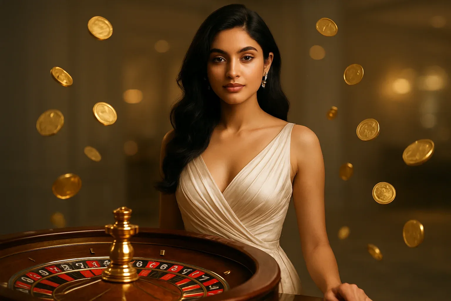 Beautiful Bangladeshi woman in elegant evening dress with luxury roulette and gold coins in bright casino setting